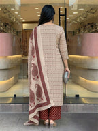 Beige Cherry Printed Cotton Kurta and Pant Set with Dupatta