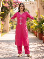 Pink Embroidered South Cotton Kurta and Pant Set