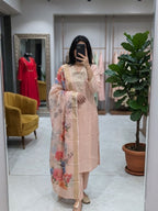 Peach Embroidered Roman Silk Embroidered Kurta and Pant Set with Dupatta