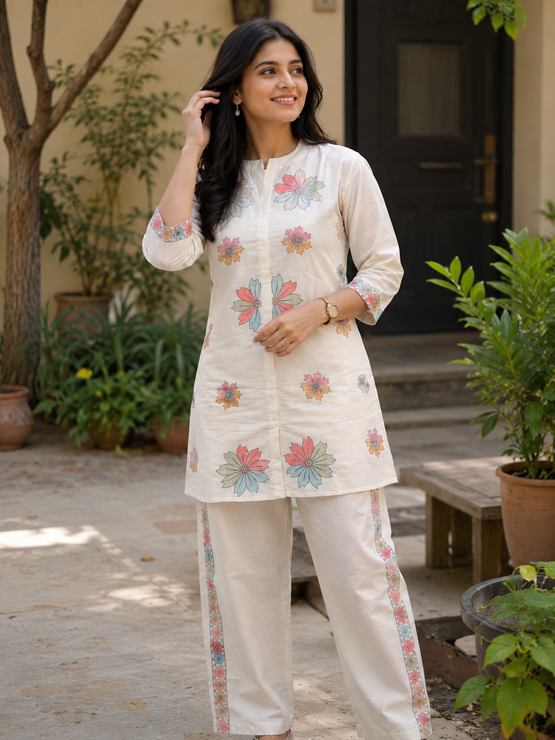Off White Embroidered Cotton Flex Co-Ord Set
