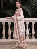 Off White Embroidered Cotton Flex Kurta and Pant Set with Dupatta