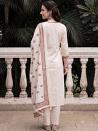 Off White Embroidered Cotton Flex Kurta and Pant Set with Dupatta