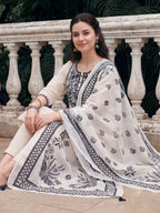 Off White Embroidered Cotton Flex Kurta and Pant Set with Dupatta