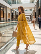 Mustard Printed Muslin Kurta and Pant Set with Dupatta