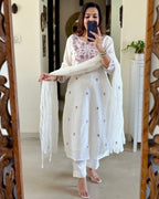 White Embroidered Cotton Kurta and Pant Set with Dupatta