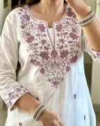 White Embroidered Cotton Kurta and Pant Set with Dupatta