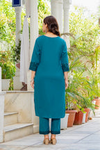 Teal Blue Embroidered Cotton Flex Kurta and Pant Set with Dupatta