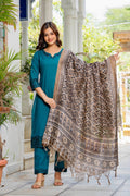 Teal Blue Embroidered Cotton Flex Kurta and Pant Set with Dupatta