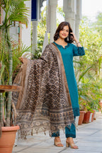 Teal Blue Embroidered Cotton Flex Kurta and Pant Set with Dupatta