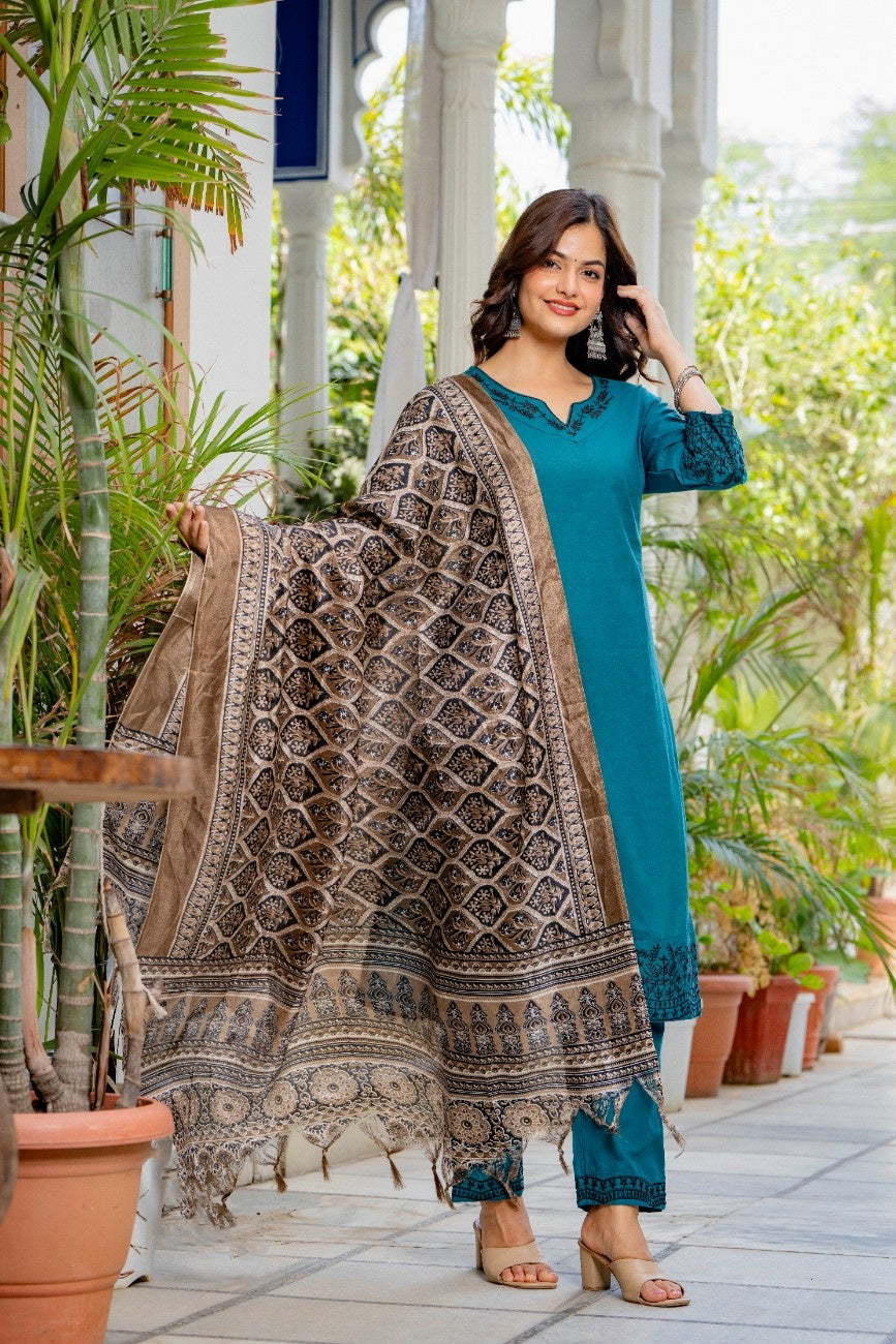 Teal Blue Embroidered Cotton Flex Kurta and Pant Set with Dupatta