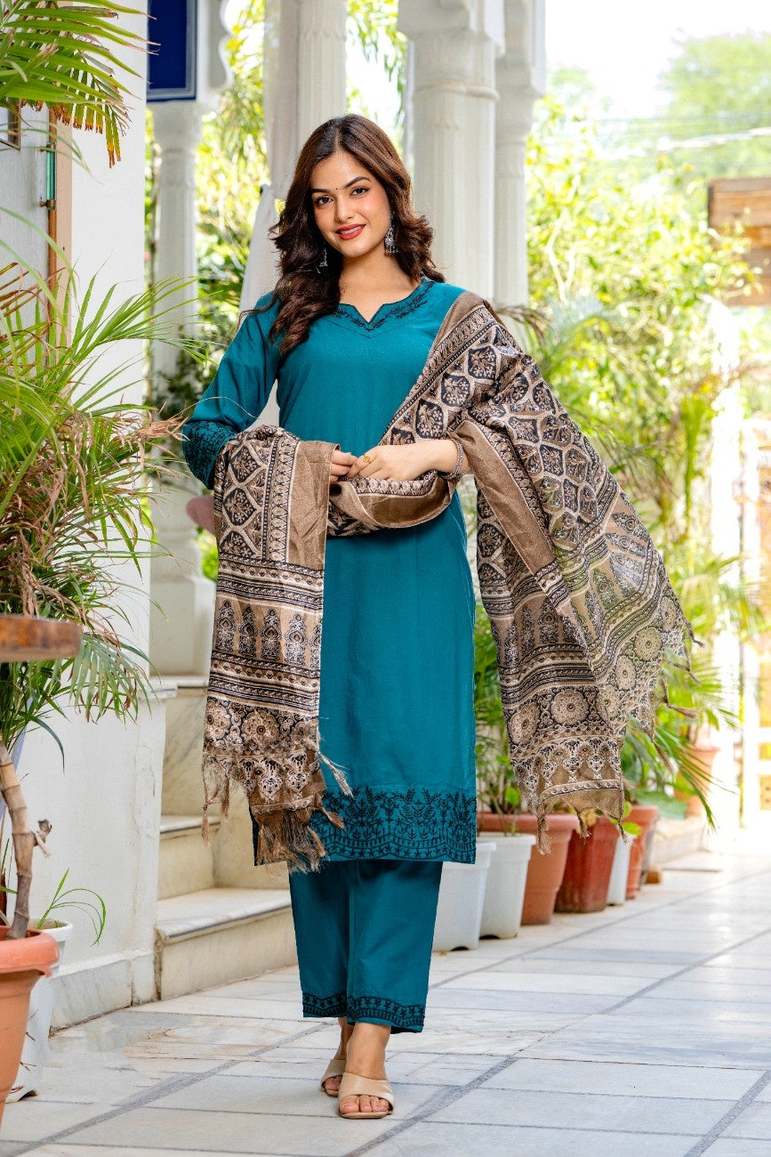 Teal Blue Embroidered Cotton Flex Kurta and Pant Set with Dupatta