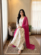 White Printed Cotton Kurta and Pant Set with Dupatta
