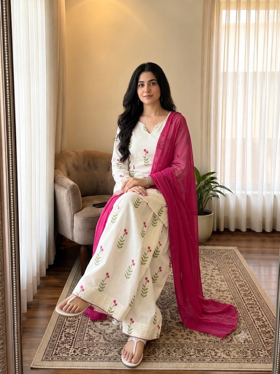 White Printed Cotton Kurta and Pant Set with Dupatta