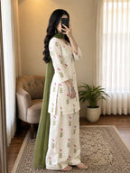 White Printed Cotton Kurta and Pant Set with Dupatta