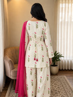 White Printed Cotton Kurta and Pant Set with Dupatta
