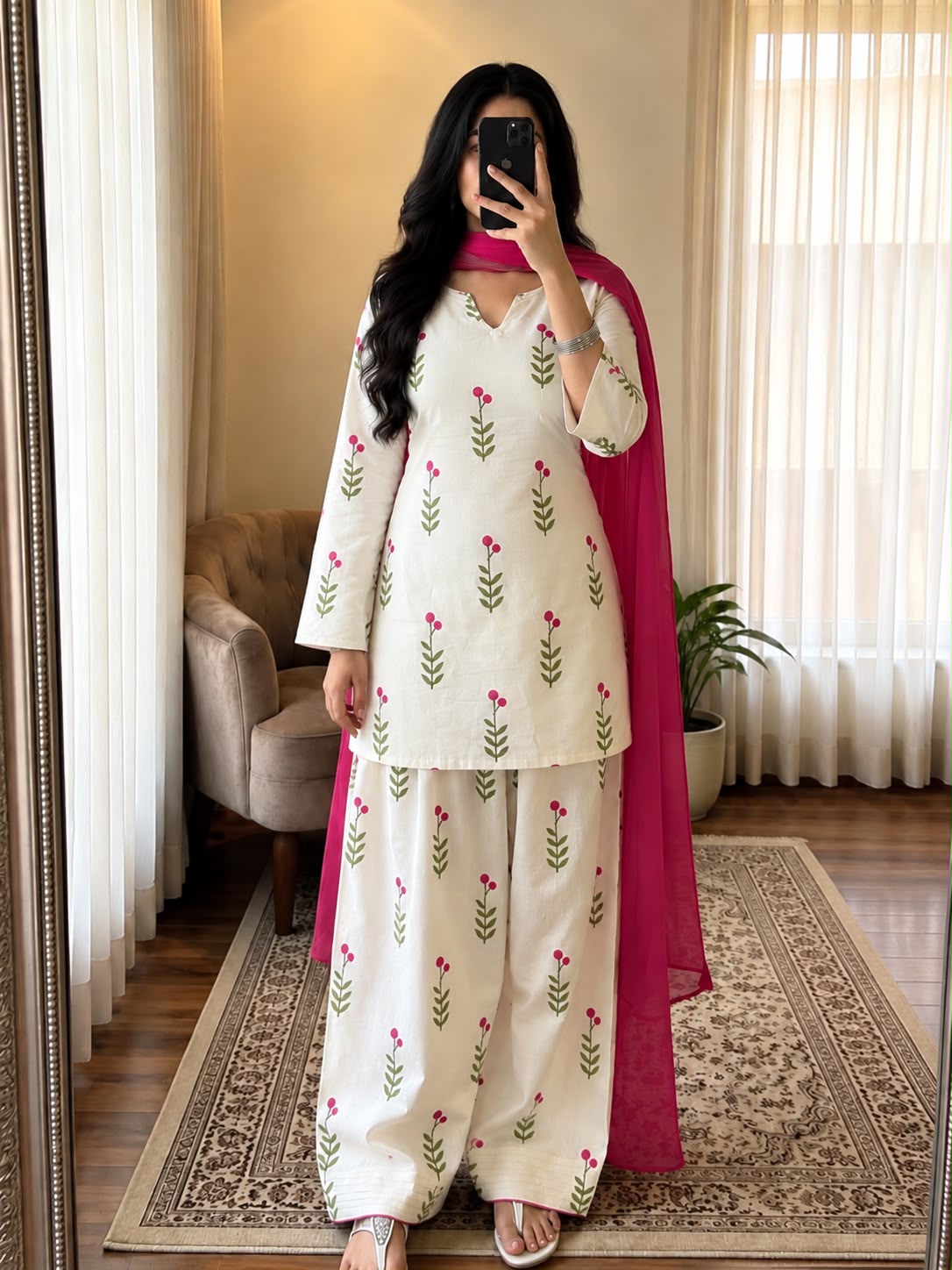 White Printed Cotton Kurta and Pant Set with Dupatta