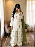 White Printed Cotton Kurta and Pant Set with Dupatta