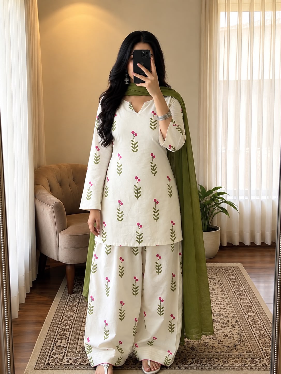 White Printed Cotton Kurta and Pant Set with Dupatta