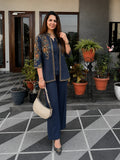 Navy Embroidered Cotton Flex Top and Pant Set with Jacket