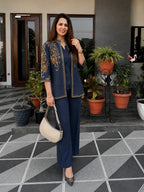 Navy Embroidered Cotton Flex Top and Pant Set with Jacket