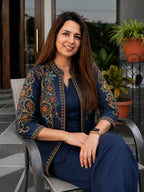 Navy Embroidered Cotton Flex Top and Pant Set with Jacket