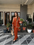 Rust Orange Embroidered Cotton Flex Top and Pant Set with Jacket
