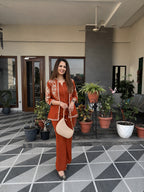 Rust Orange Embroidered Cotton Flex Top and Pant Set with Jacket