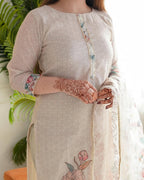 Elegant Off-White Suit with Pastel Embroidery