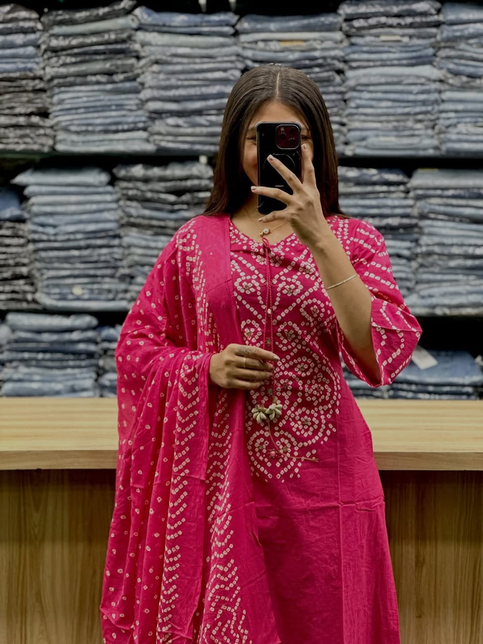Bright pink bandhni print kurta plazzo