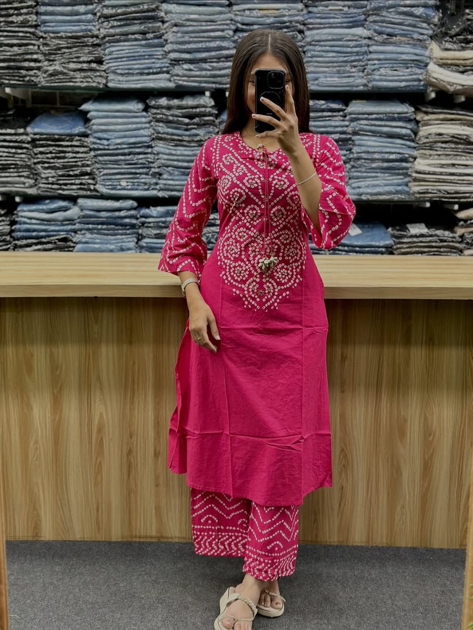 Bright pink bandhni print kurta plazzo