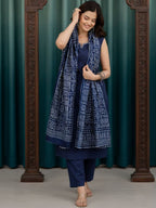 Navy Cotton Flex Sleeveless Kurta and Pant Set with Dupatta