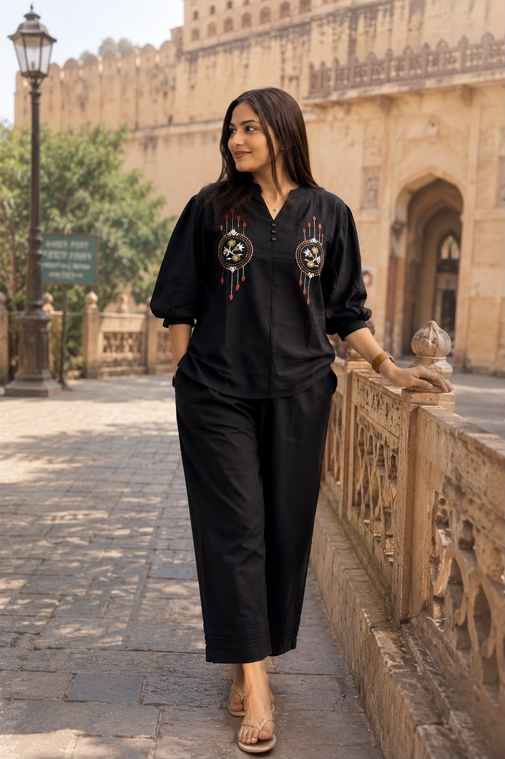 Black Embroidered Cotton Co-Ord Set