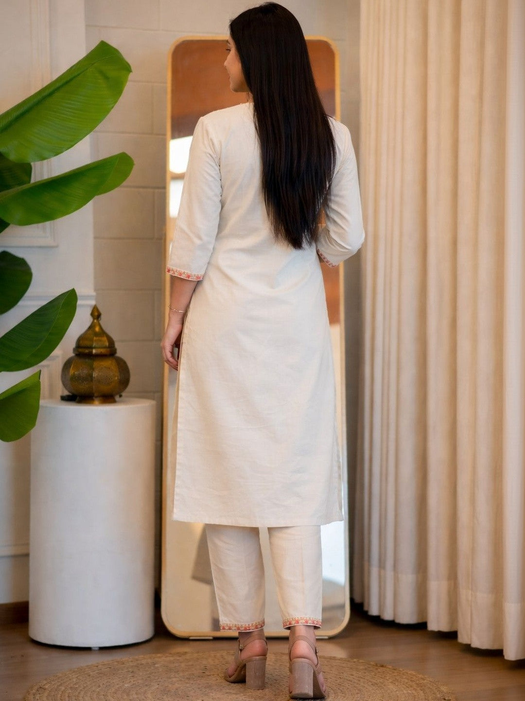 White/Cream Khadi Cotton Kurti featuring colorful floral neck embroidery