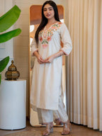 White/Cream Khadi Cotton Kurti featuring colorful floral neck embroidery