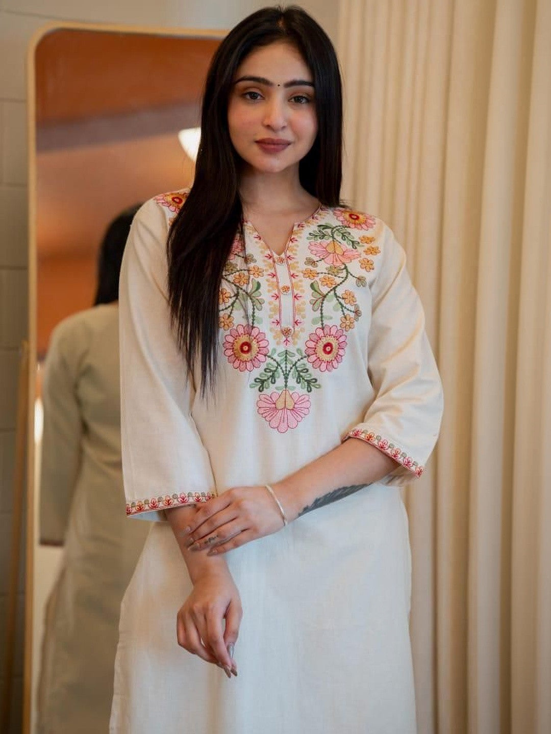 White/Cream Khadi Cotton Kurti featuring colorful floral neck embroidery