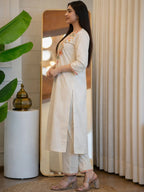 White/Cream Khadi Cotton Kurti featuring colorful floral neck embroidery