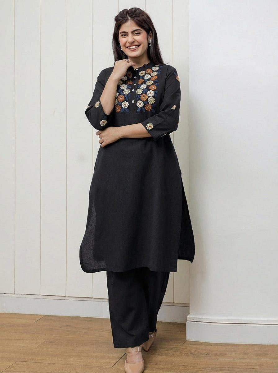 Black Cotton Flex Kurta And Pant Set
