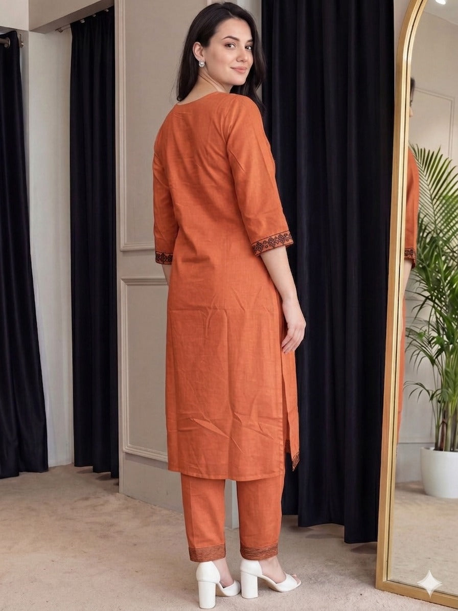 Rust Orange Embroidered Cotton Flex