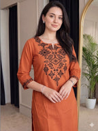 Rust Orange Embroidered Cotton Flex