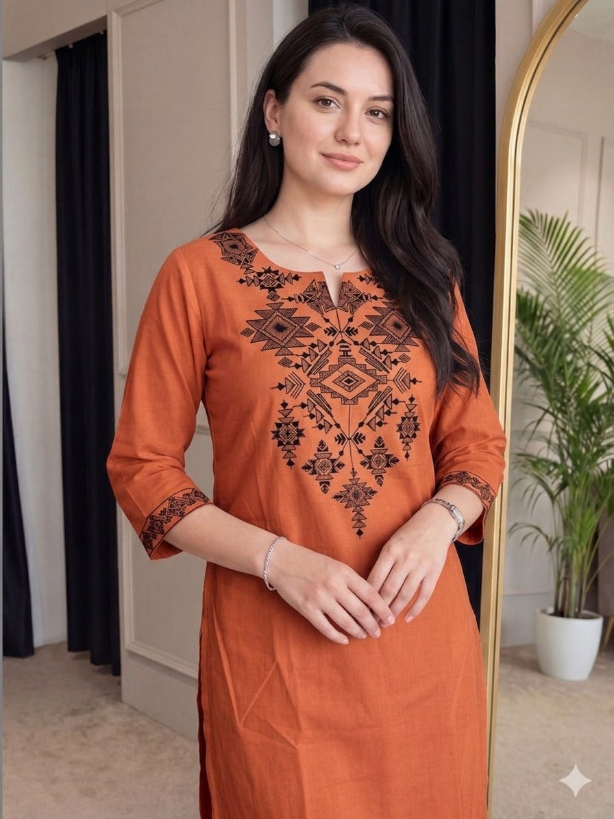 Rust Orange Embroidered Cotton Flex