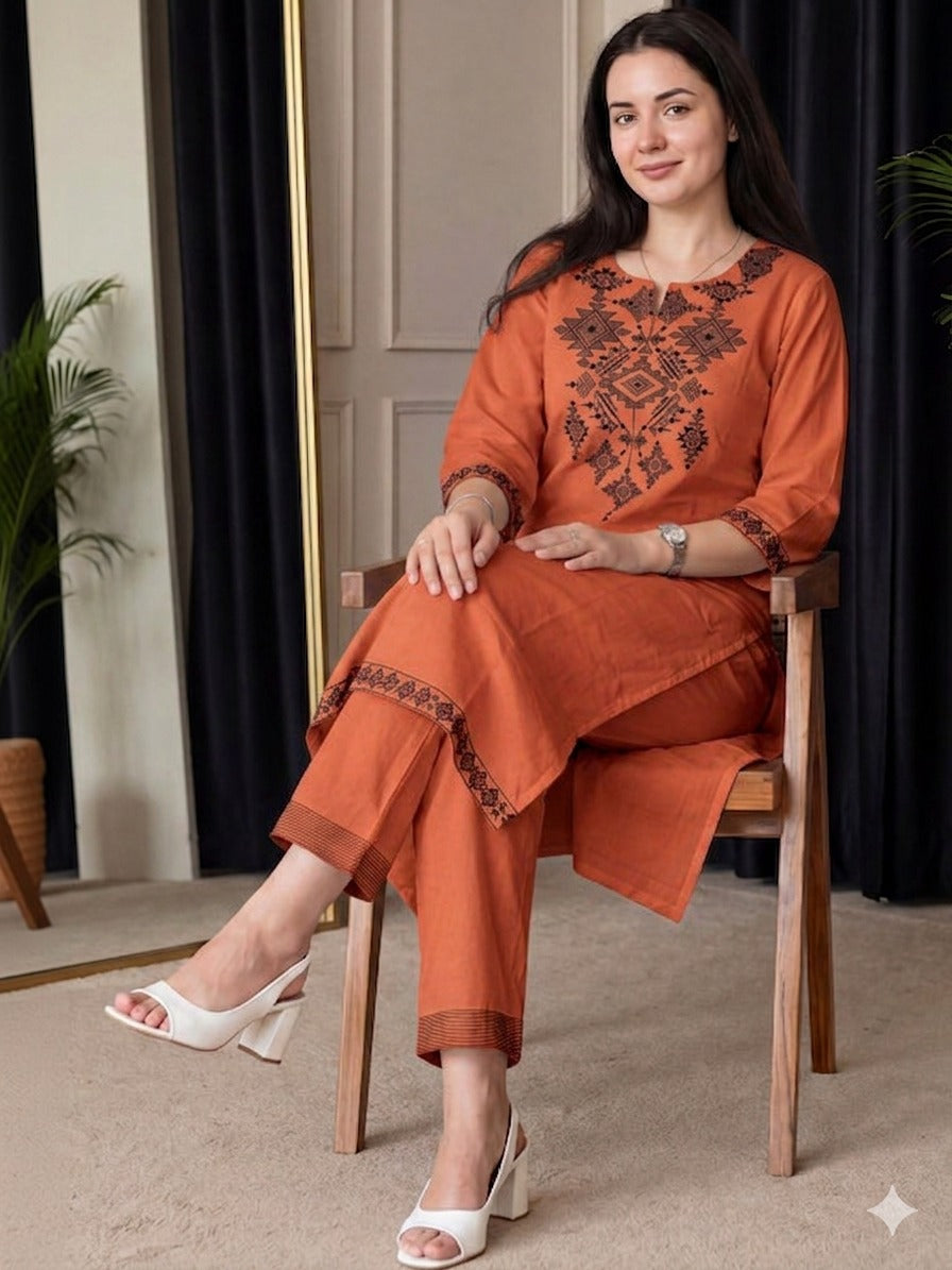 Rust Orange Embroidered Cotton Flex