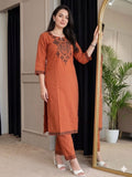 Rust Orange Embroidered Cotton Flex