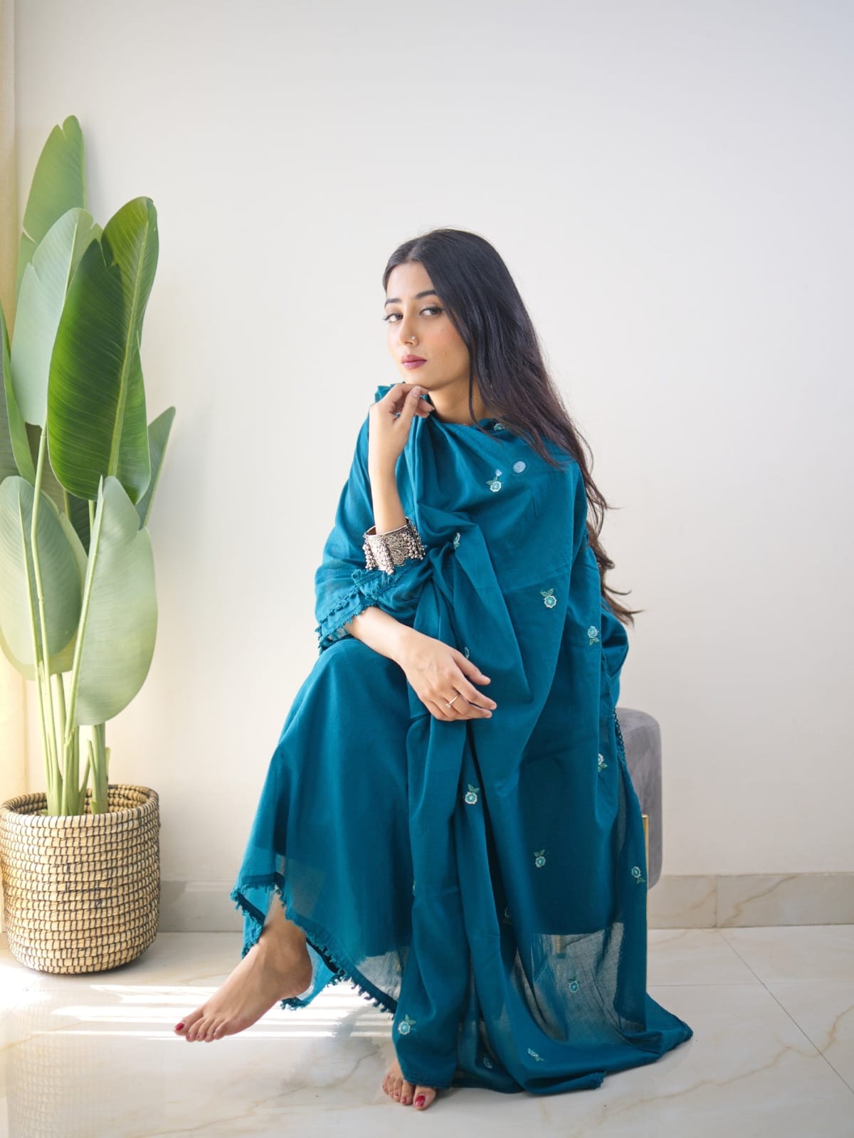 Bm Blue Cotton Hand Embroidery Kurta Set